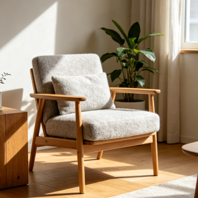 Scandinavian Style Solid Wood Armchair with Cushions